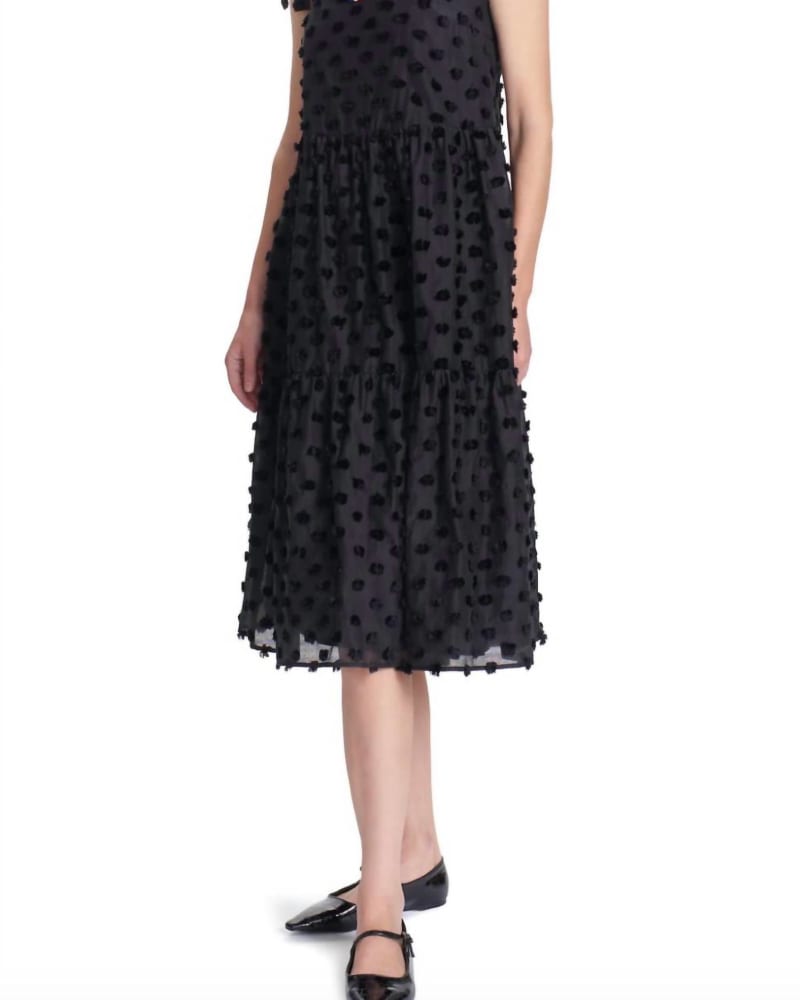 Front of a model wearing a size LG Nova Dress in Black in Black by COREY LYNN CALTER. | dia_product_style_image_id:343150